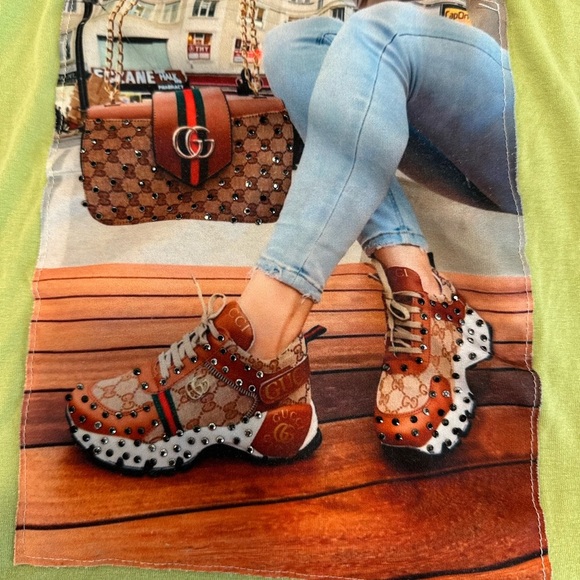 Women's Lime Green. Gucci Sneakers. Gucci Bag. Rhinestones. Graphic Tee. - Picture 5 of 8